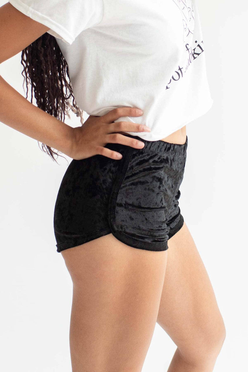 Black Crushed Velvet Dolphin Shorts