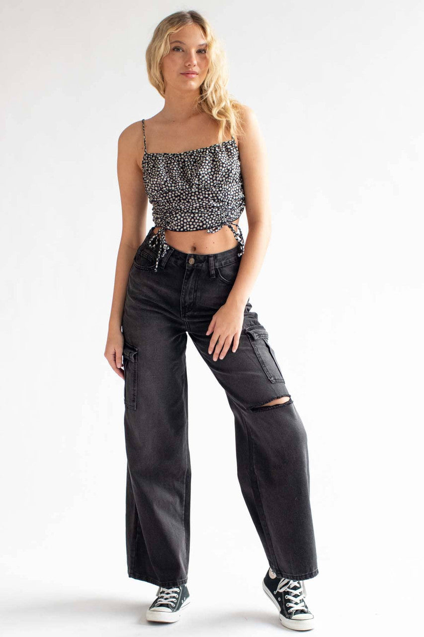 Black Daisy Milkmaid Ruched Crop Cami