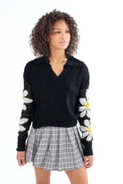 Black Daisy Sleeve Johnny Sweater