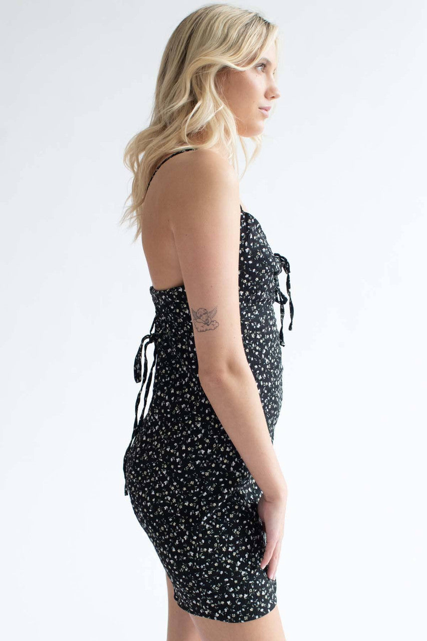Black Ditsy Floral Tie Bust Mini Dress