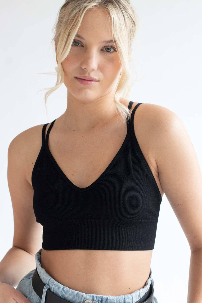Black Double Strap Seamless Ribbed Bralette