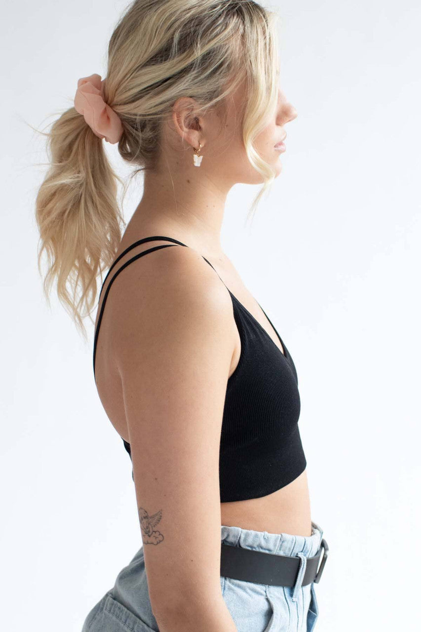 Black Double Strap Seamless Ribbed Bralette