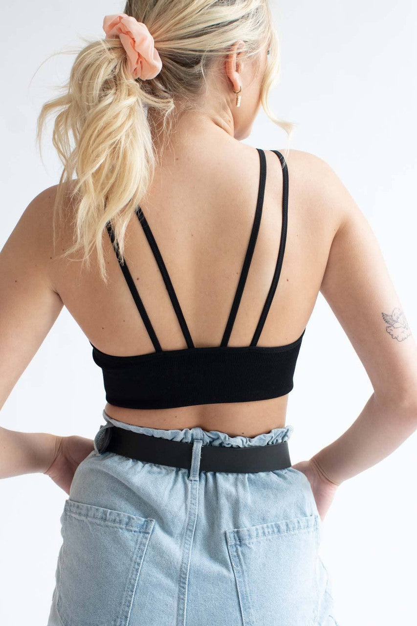 Black Double Strap Seamless Ribbed Bralette