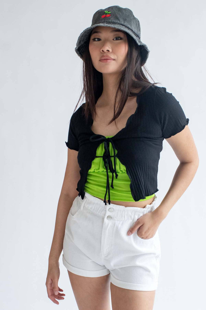 Black Double Tie Front Ribbed Tee