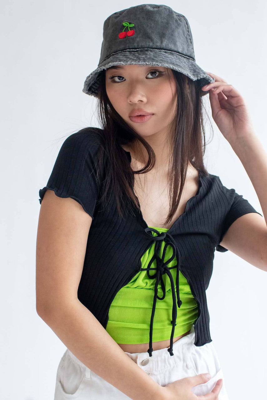 Black Double Tie Front Ribbed Tee
