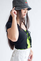 Black Double Tie Front Ribbed Tee