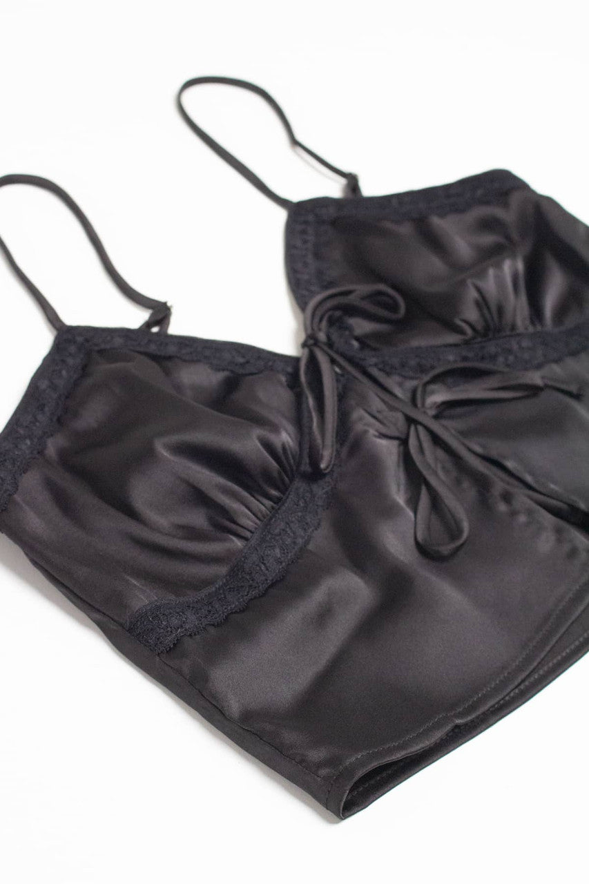 Black Double Tie Stretch Satin Cami