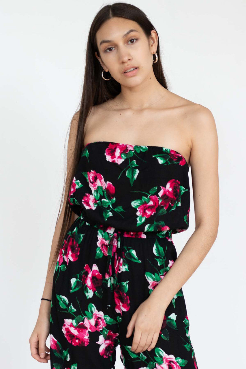 Black Floral Strapless Jumpsuit
