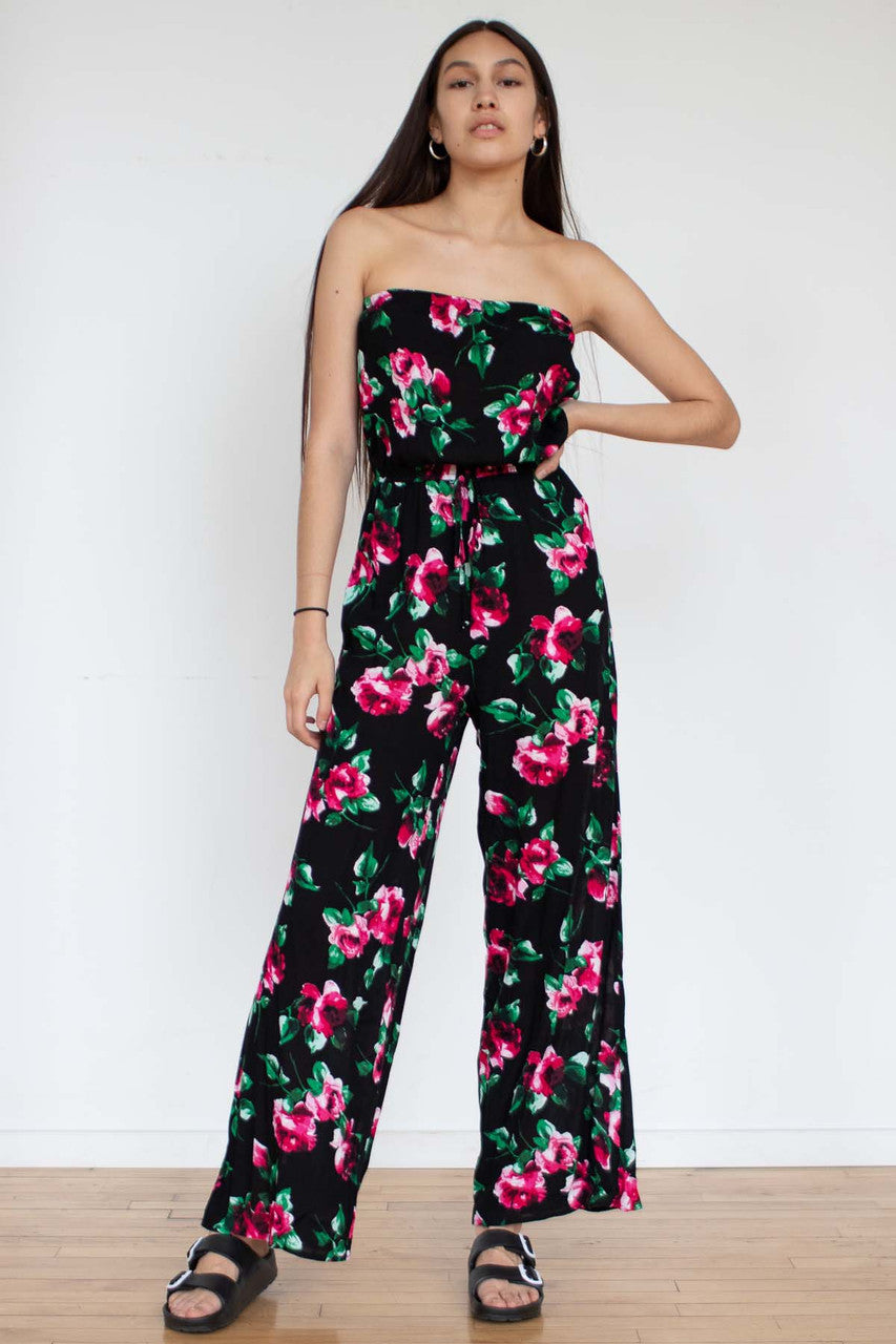 Black Floral Strapless Jumpsuit