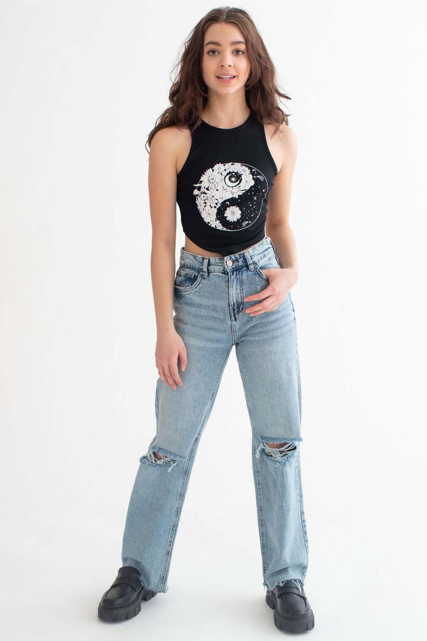 Black Floral Yin Yang Backless Cropped Tank