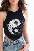 Black Floral Yin Yang Backless Cropped Tank