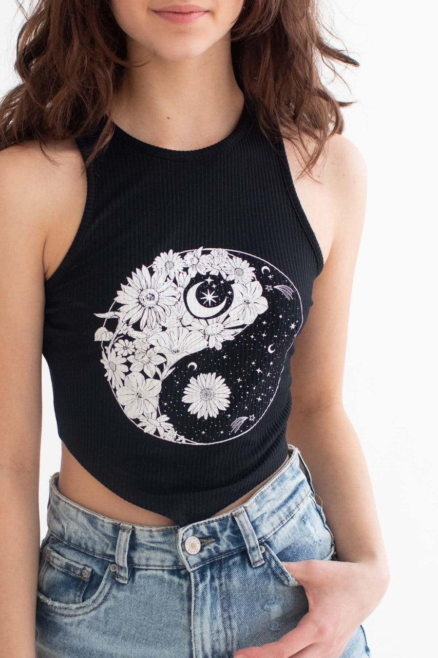 Black Floral Yin Yang Backless Cropped Tank