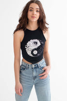 Black Floral Yin Yang Backless Cropped Tank