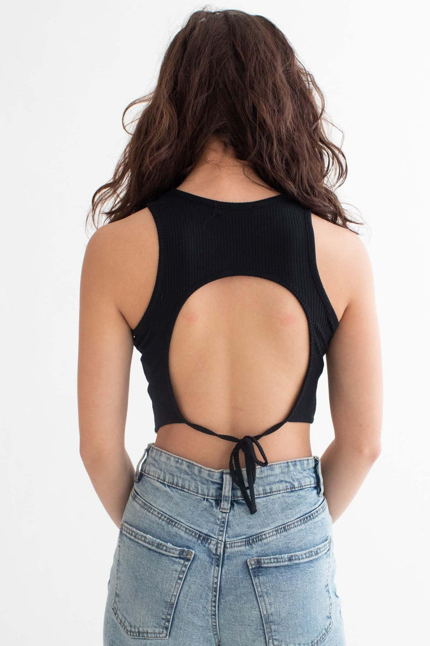 Black Floral Yin Yang Backless Cropped Tank