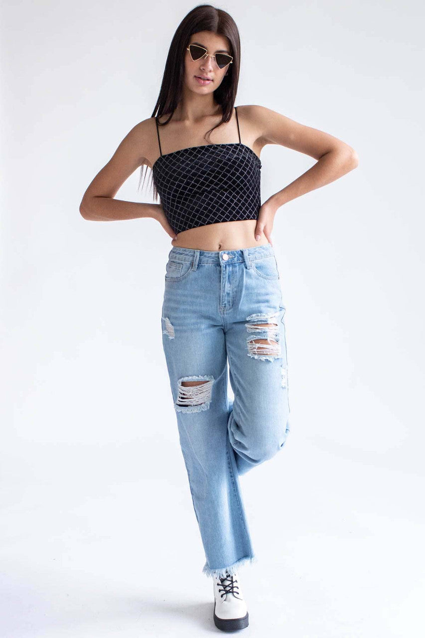 Black Glitter Diamonds Velvet Crop Cami