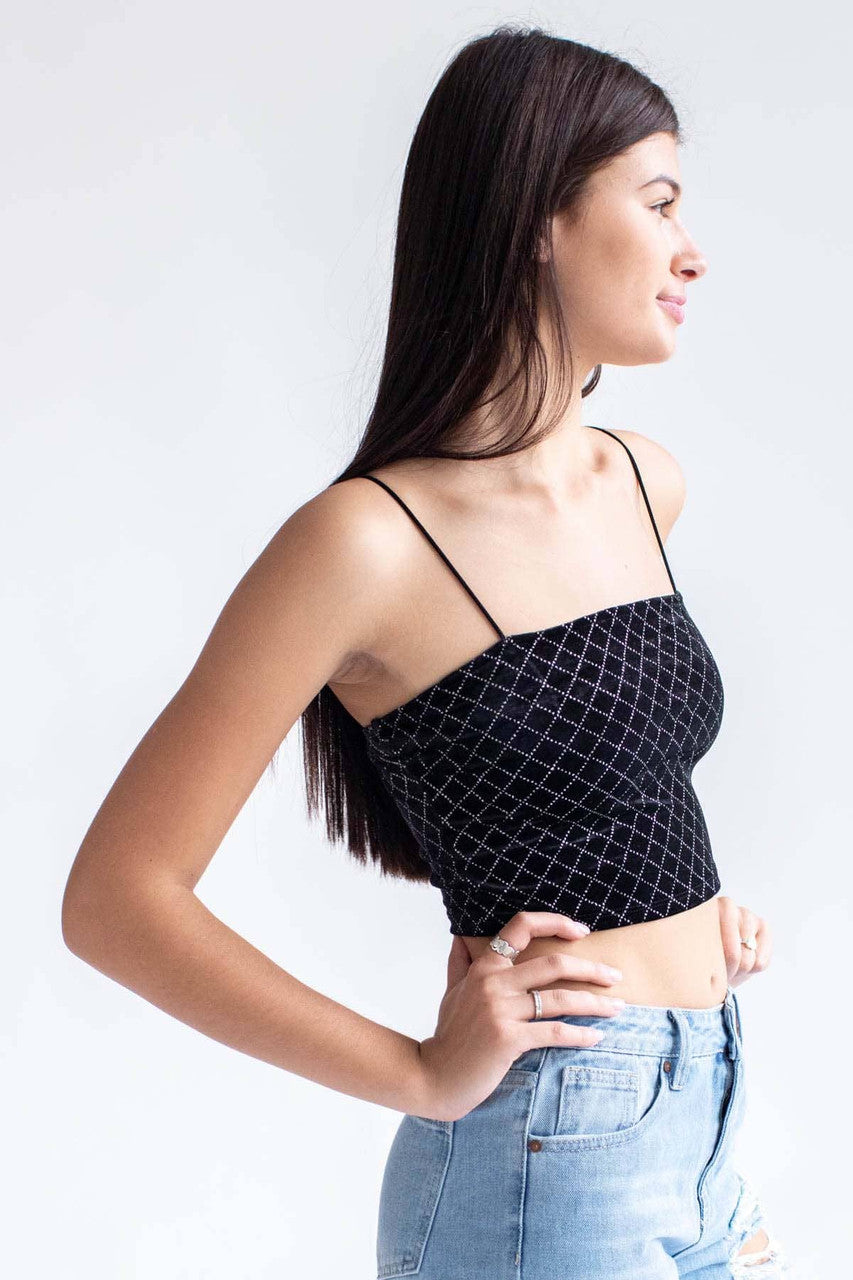 Black Glitter Diamonds Velvet Crop Cami