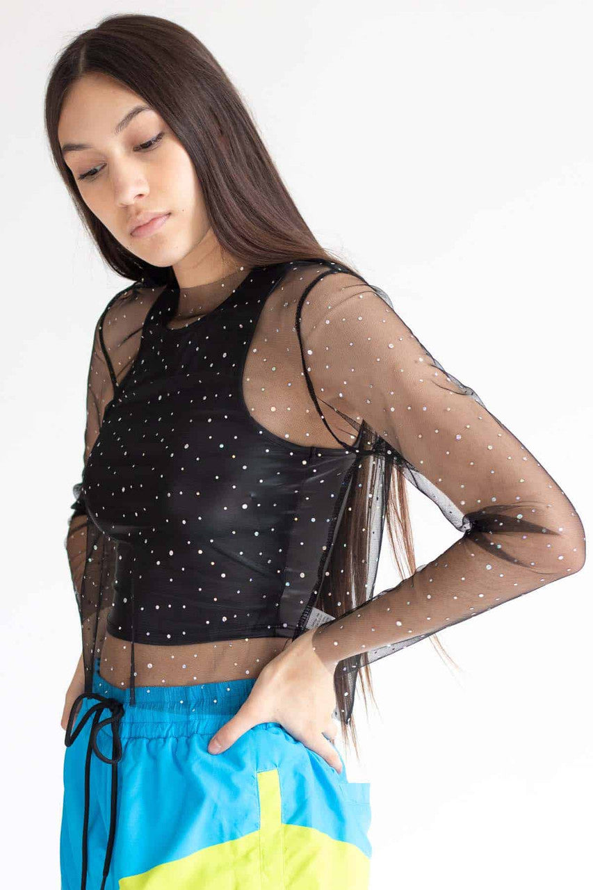 Black Holographic Dots Mesh Long Sleeve Tee