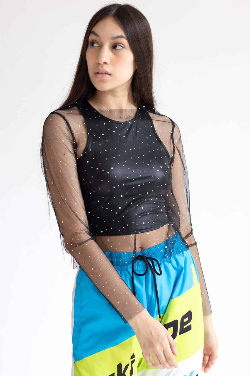 Black Holographic Dots Mesh Long Sleeve Tee