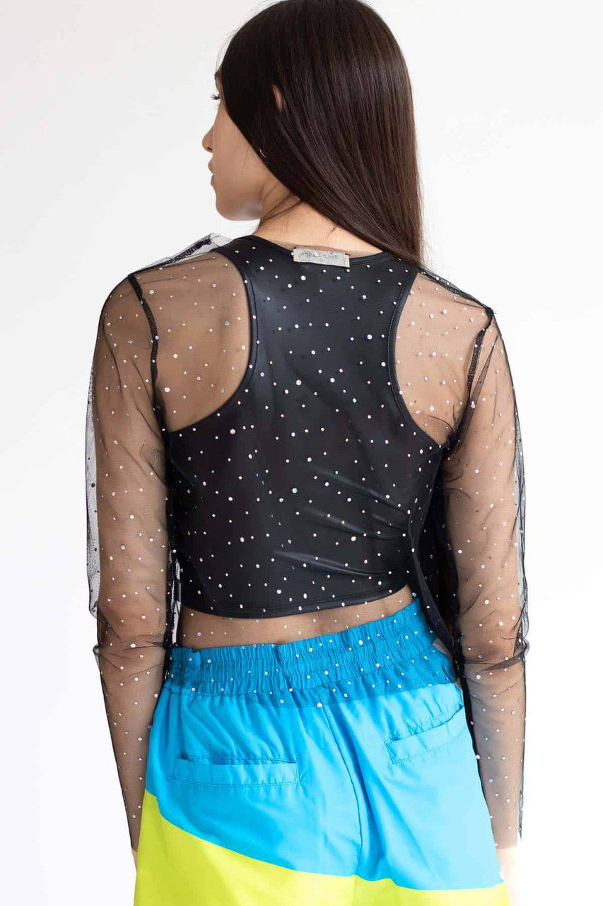 Black Holographic Dots Mesh Long Sleeve Tee