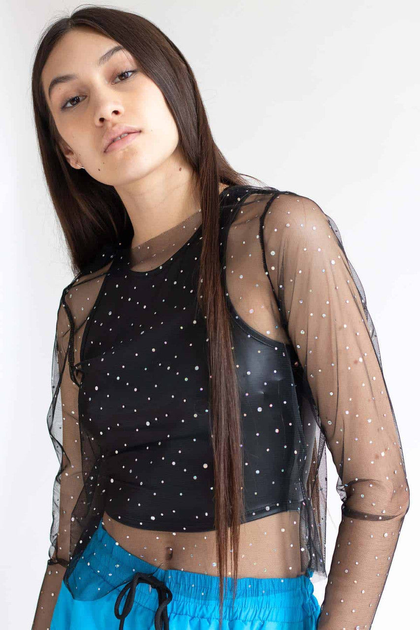 Black Holographic Dots Mesh Long Sleeve Tee