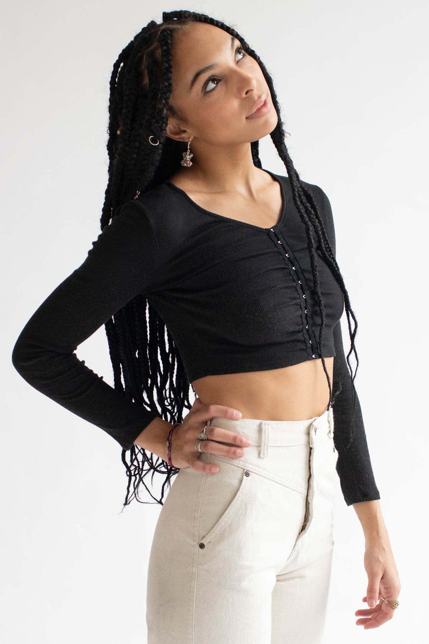 Black Hook & Eye Ribbed Long Sleeve Crop Top