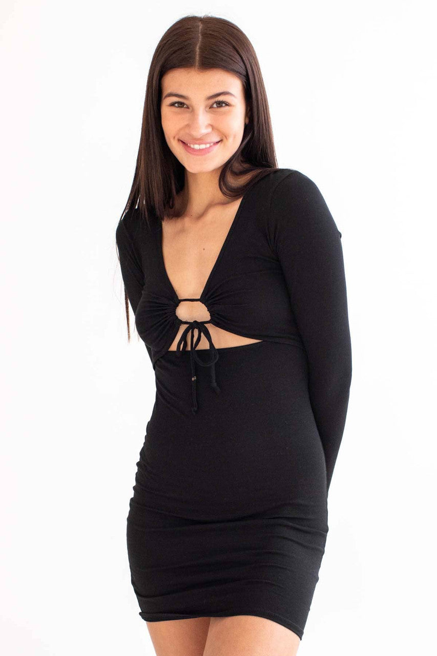 Black Keyhole Cutout Long Sleeve Mini Dress
