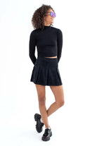 Black Knit Slub Rib Mock Turtle Neck