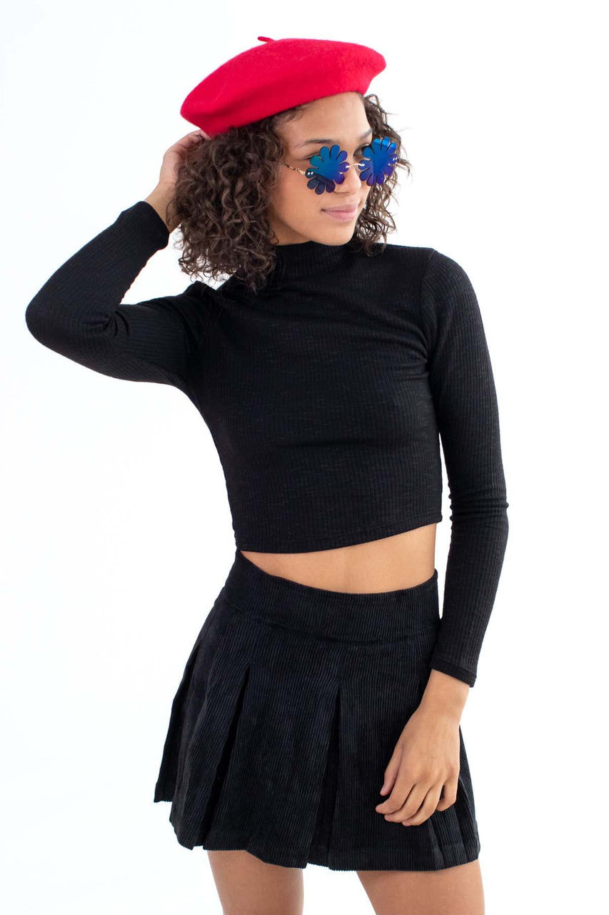 Black Knit Slub Rib Mock Turtle Neck