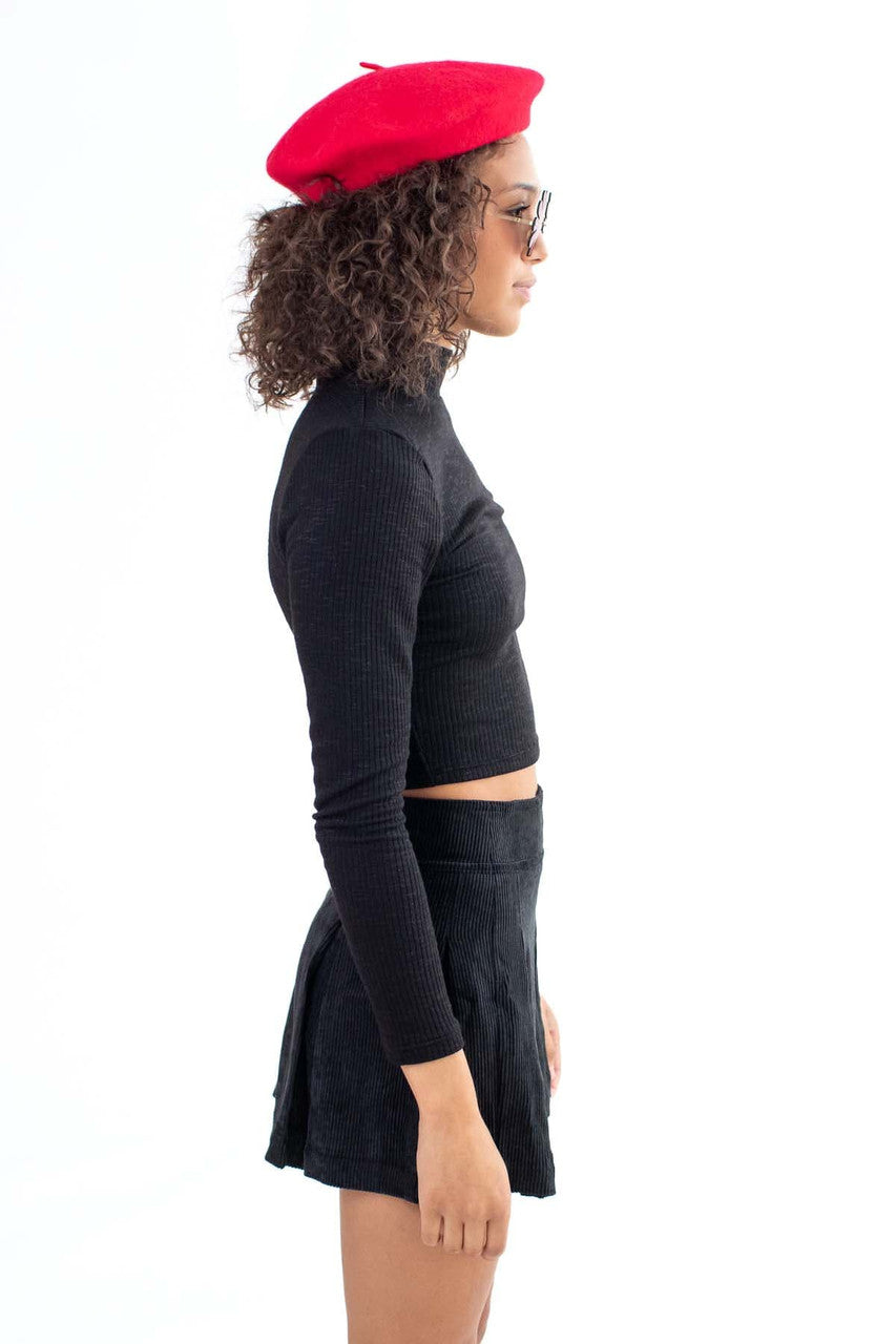 Black Knit Slub Rib Mock Turtle Neck