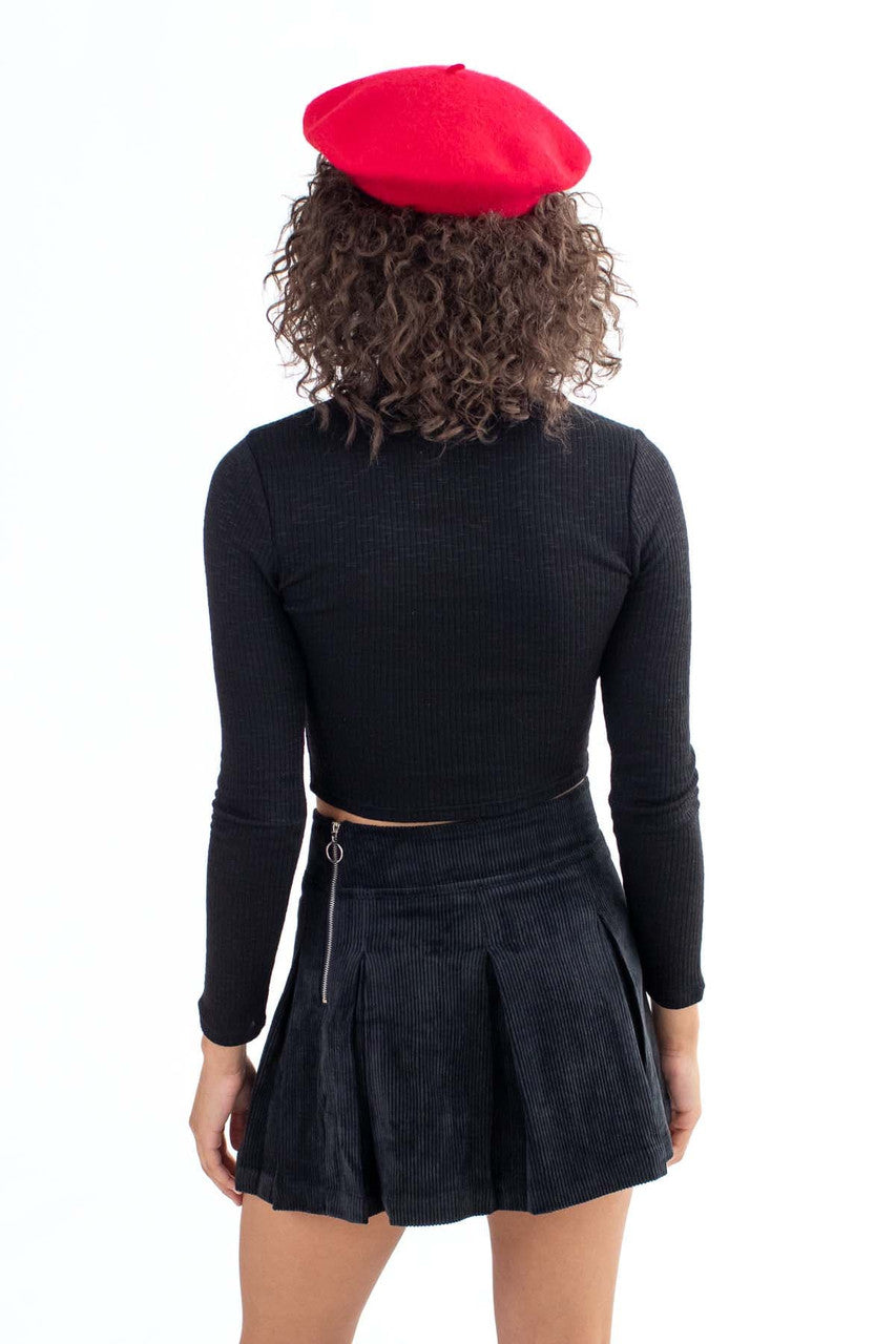 Black Knit Slub Rib Mock Turtle Neck