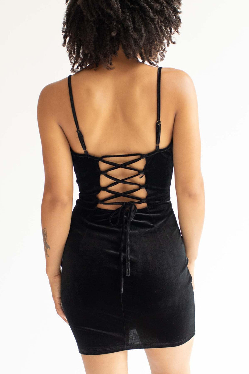 Black Lace Up Back Velvet Mini Dress
