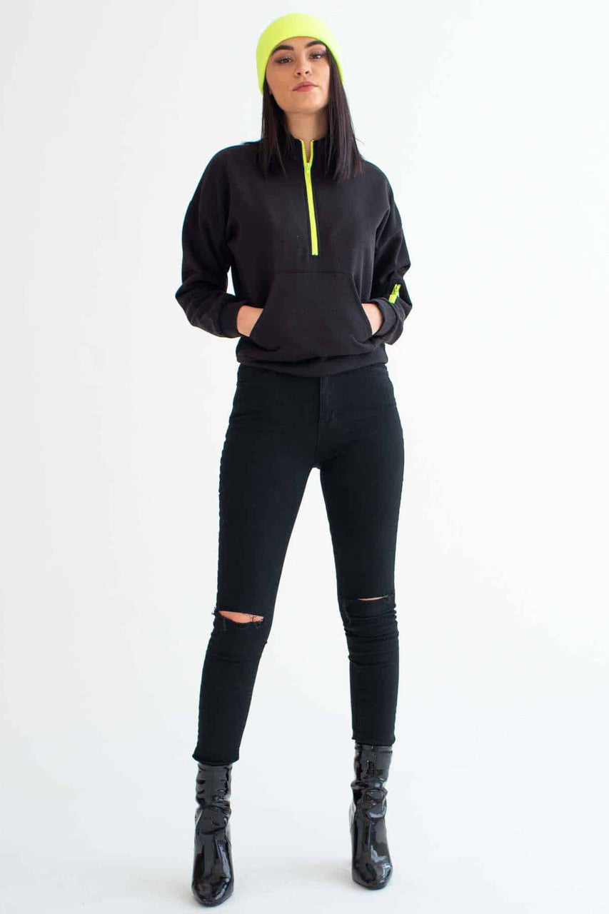 Black & Lime Zipper Mock Neck Sweatshirt