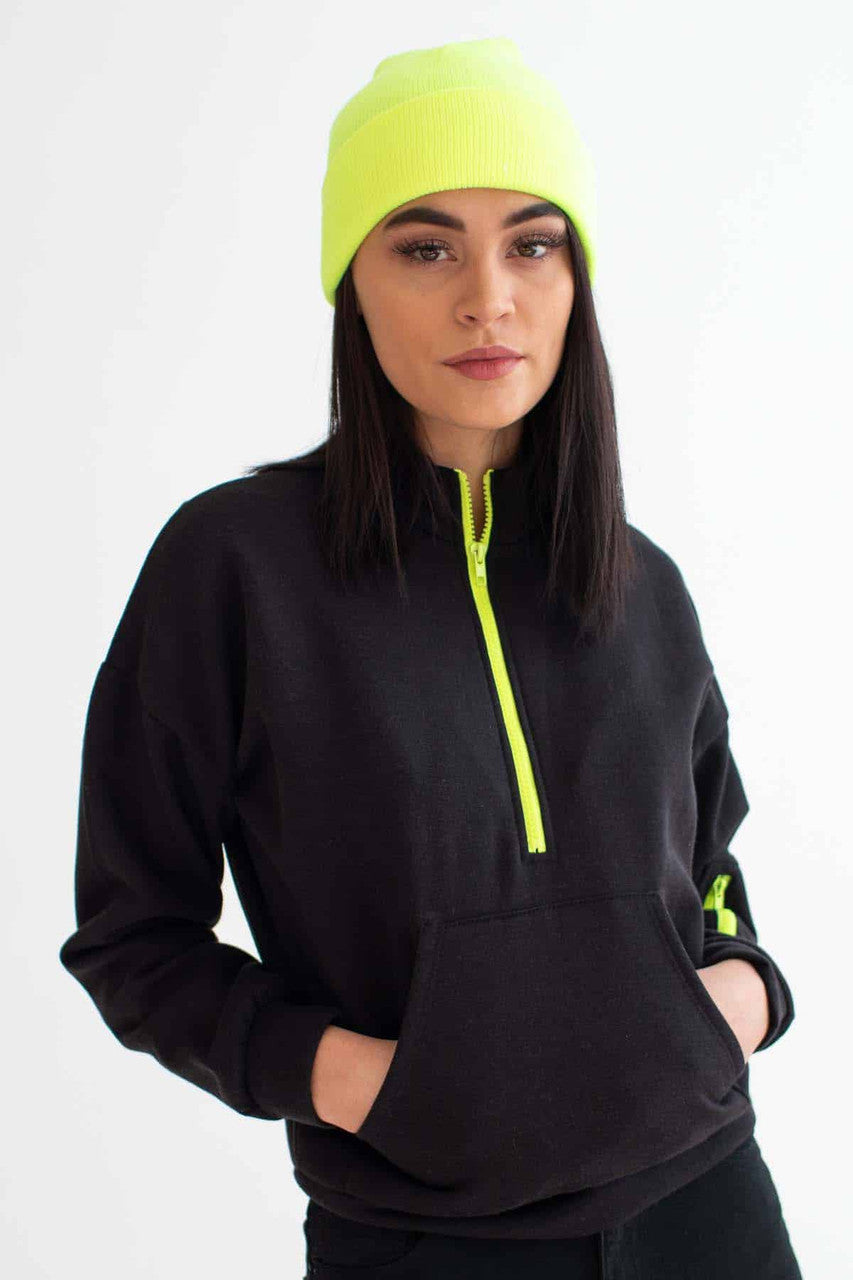 Black & Lime Zipper Mock Neck Sweatshirt