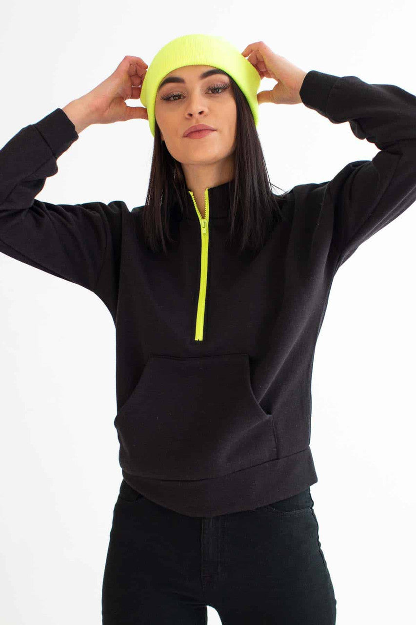Black & Lime Zipper Mock Neck Sweatshirt