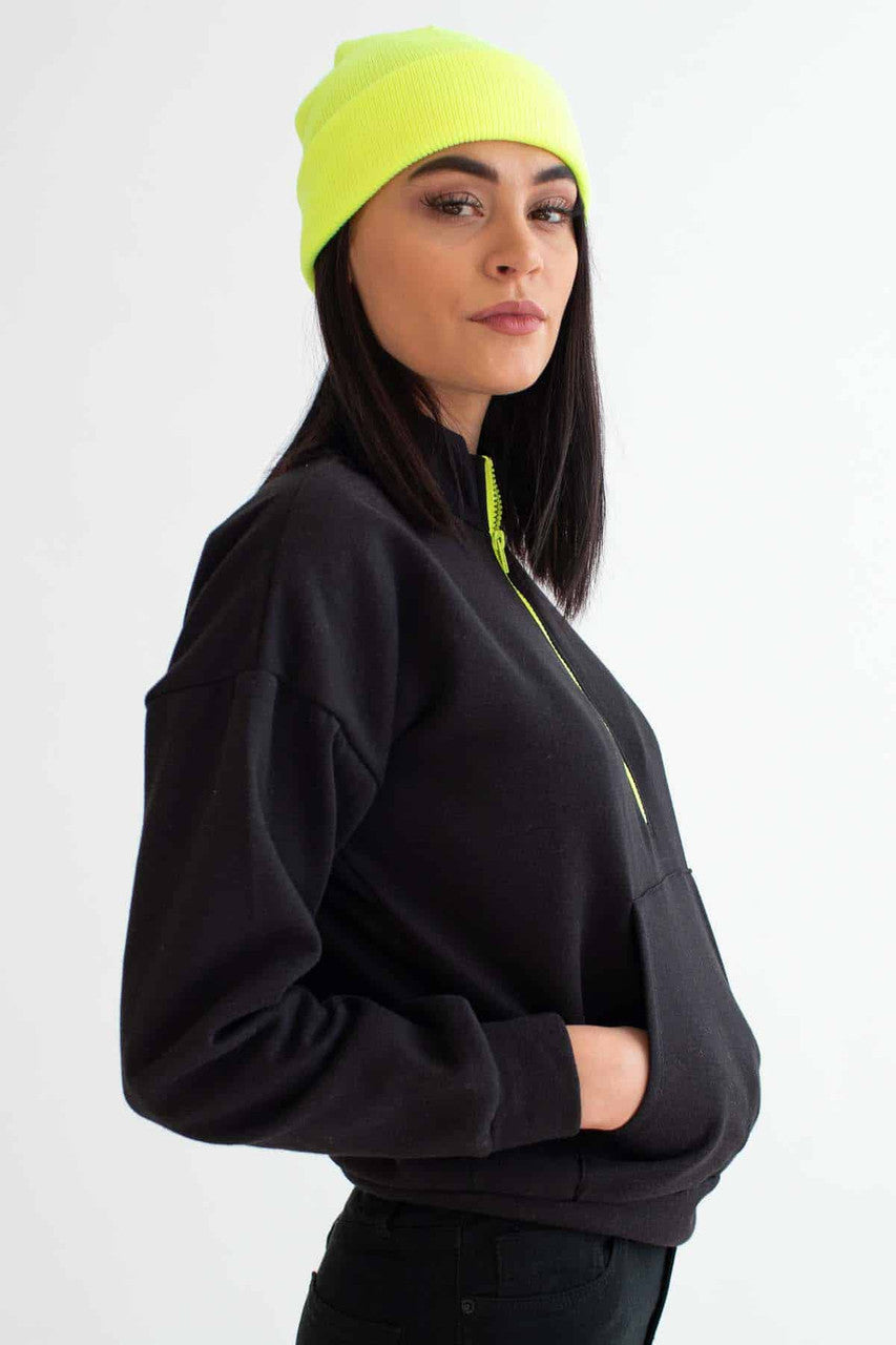 Black & Lime Zipper Mock Neck Sweatshirt