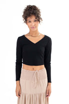 Black Long Sleeve Ribbed V Neck