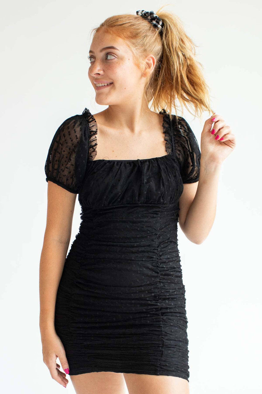 Black Mesh Dot Milkmaid Dress