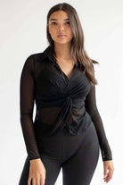 Black Mesh Knotted Collar Top