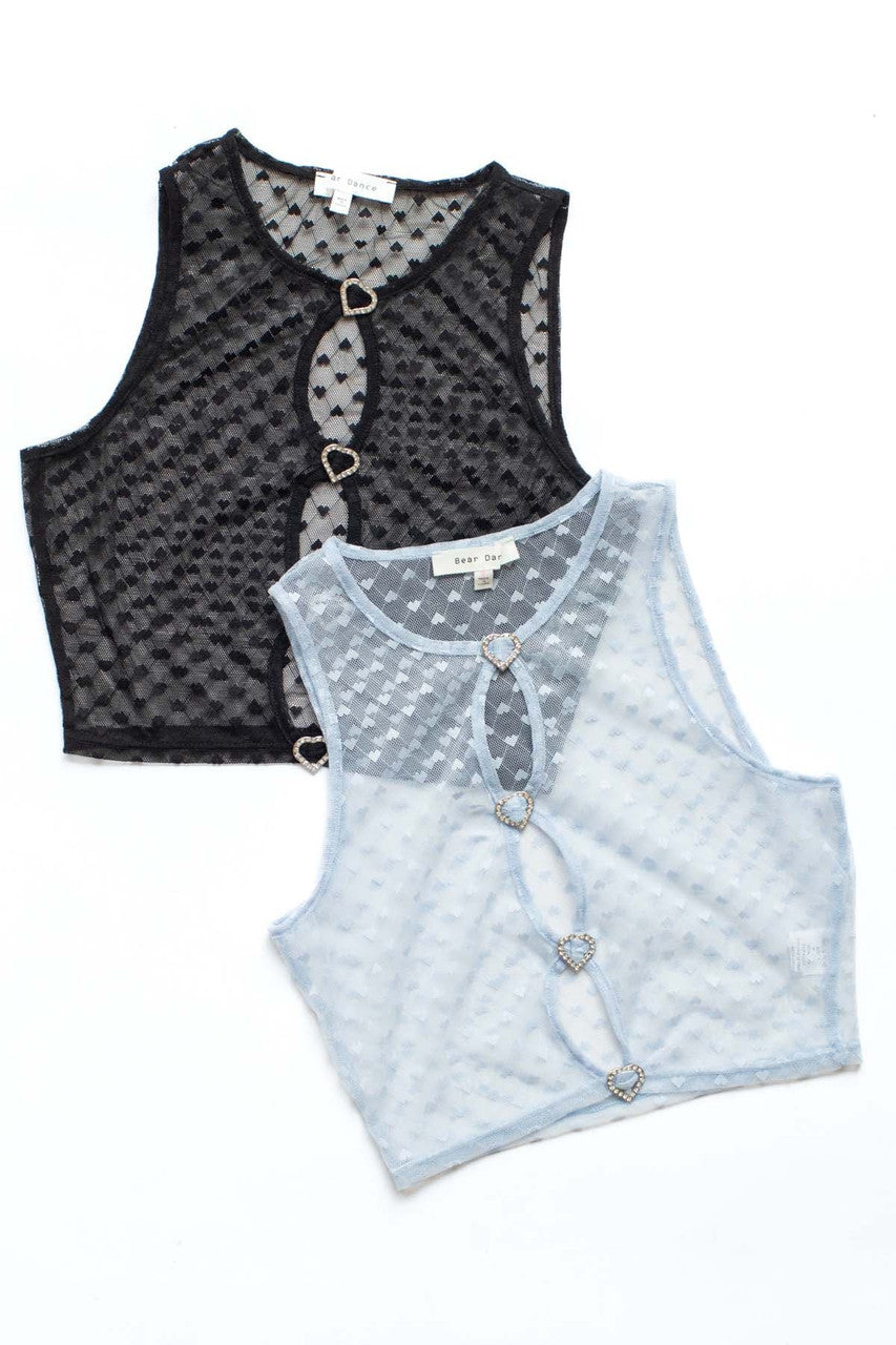 Black Mesh Rhinestone Heart Vest