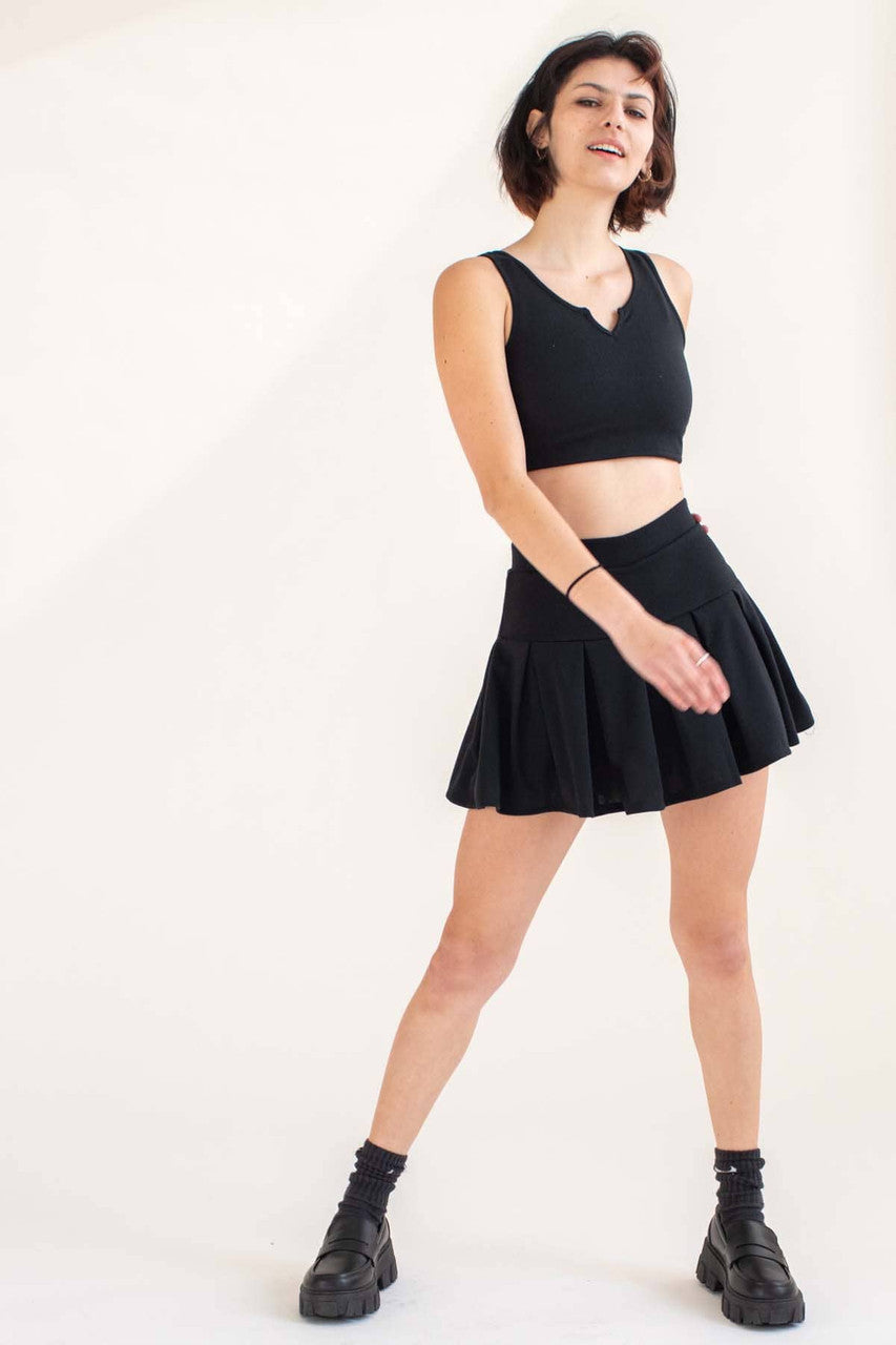 Black Notched Neck Tank & Pleated Skirt Set