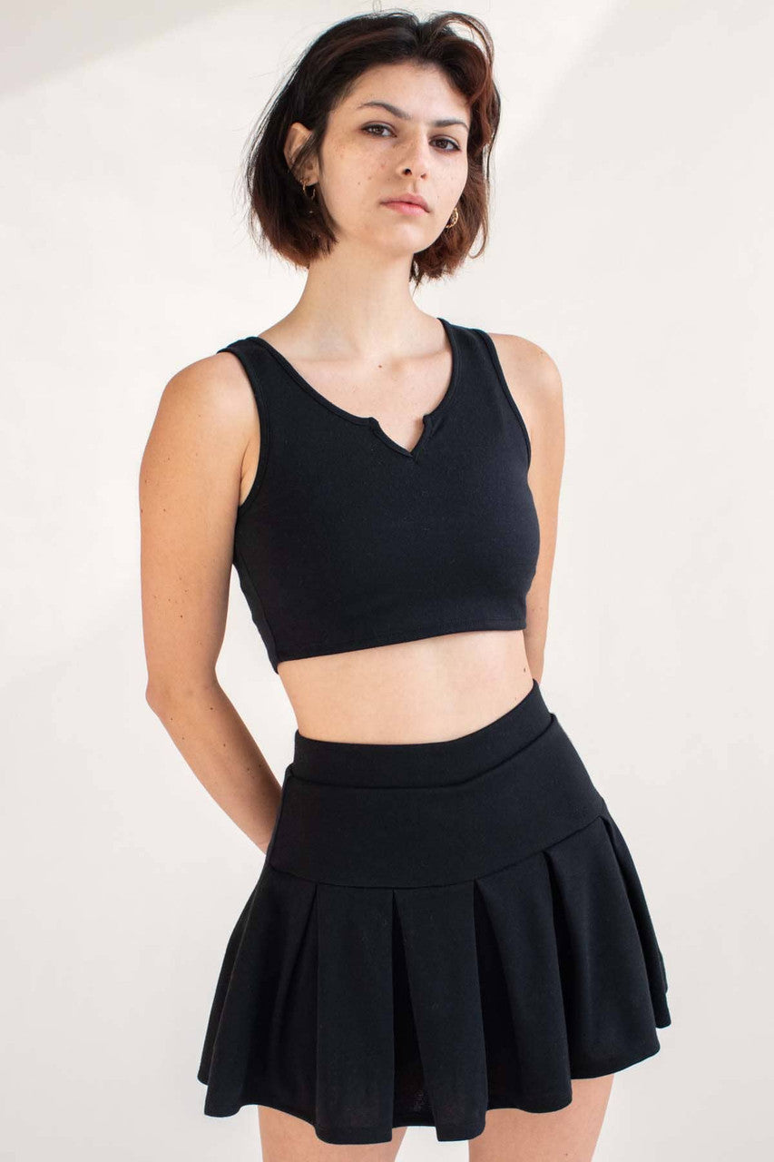 Black Notched Neck Tank & Pleated Skirt Set