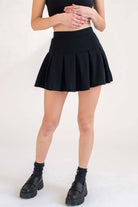 Black Notched Neck Tank & Pleated Skirt Set