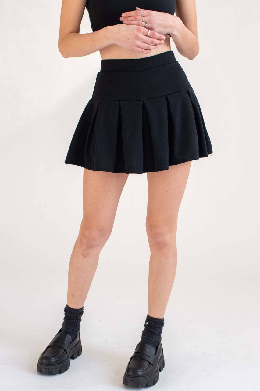 Black Notched Neck Tank & Pleated Skirt Set