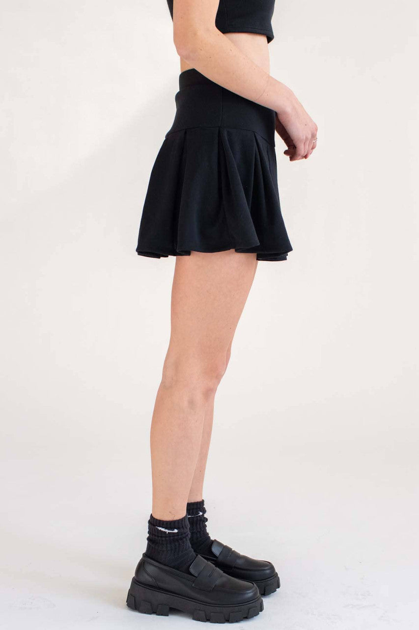 Black Notched Neck Tank & Pleated Skirt Set