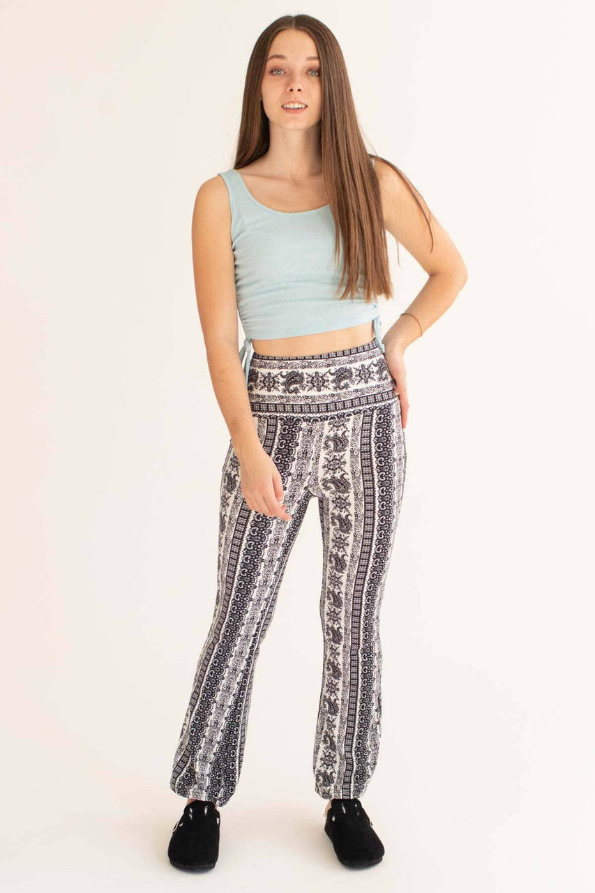 Black Paisley Border Fleece Bell Bottoms