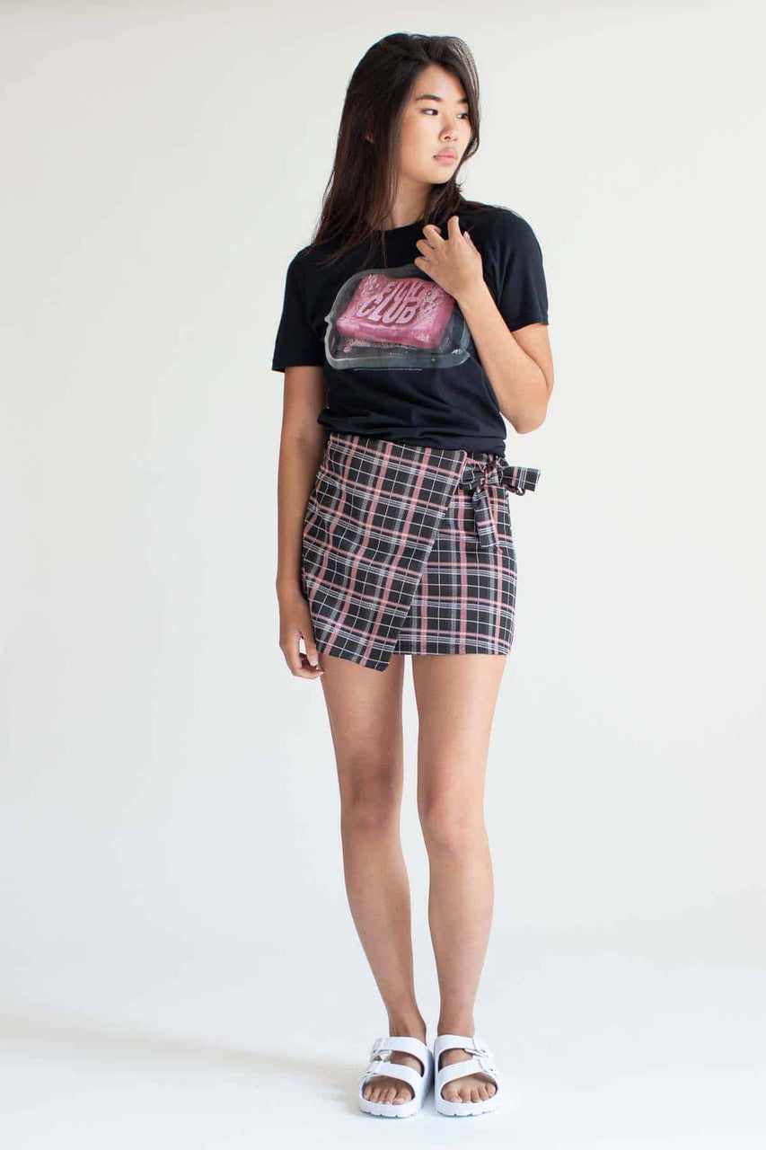 Black Plaid Tie Waist Skirt