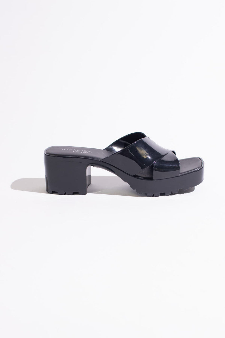 Black Plastic Chunky Heel Slides