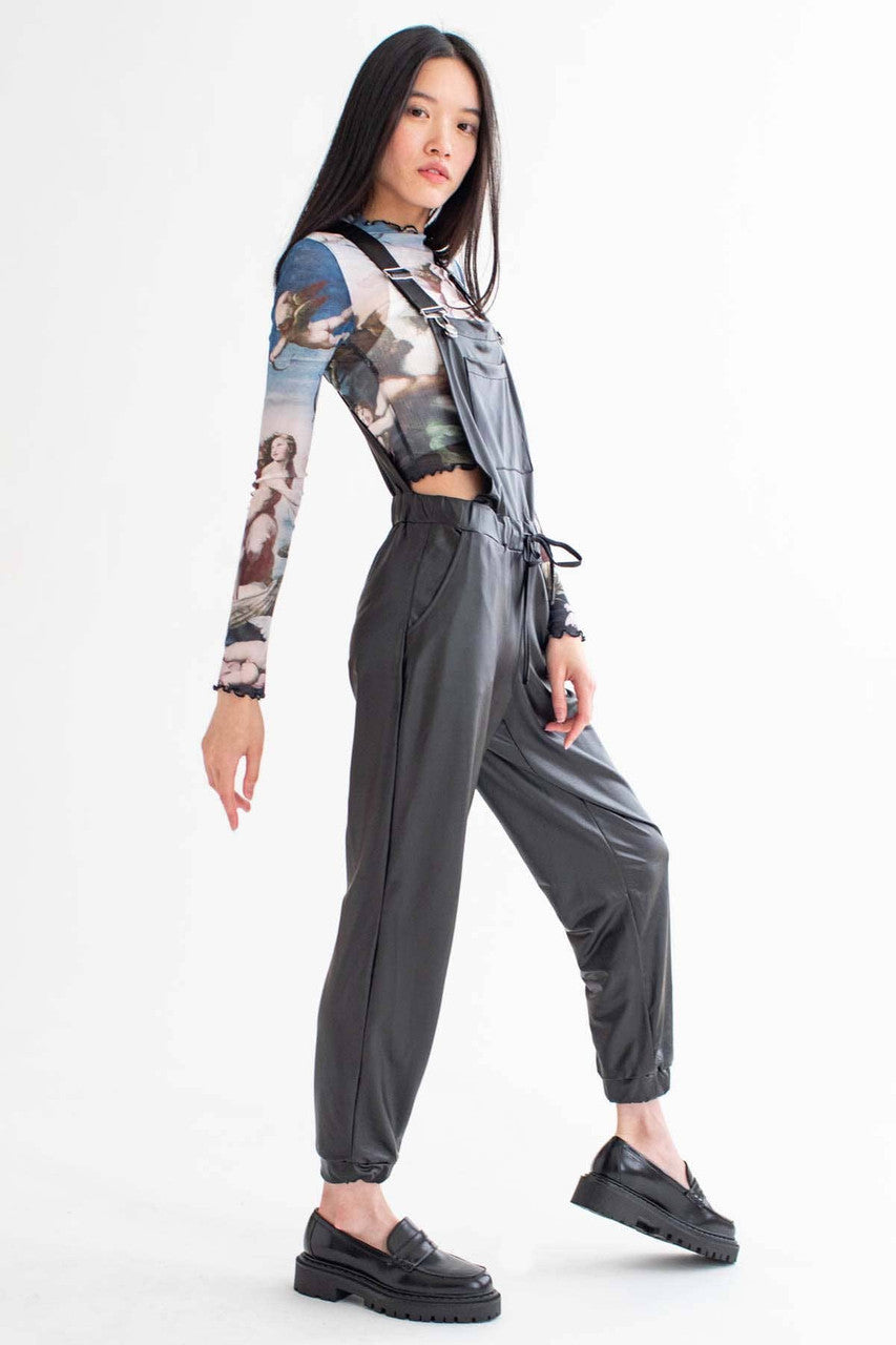 Black Pleather Overalls