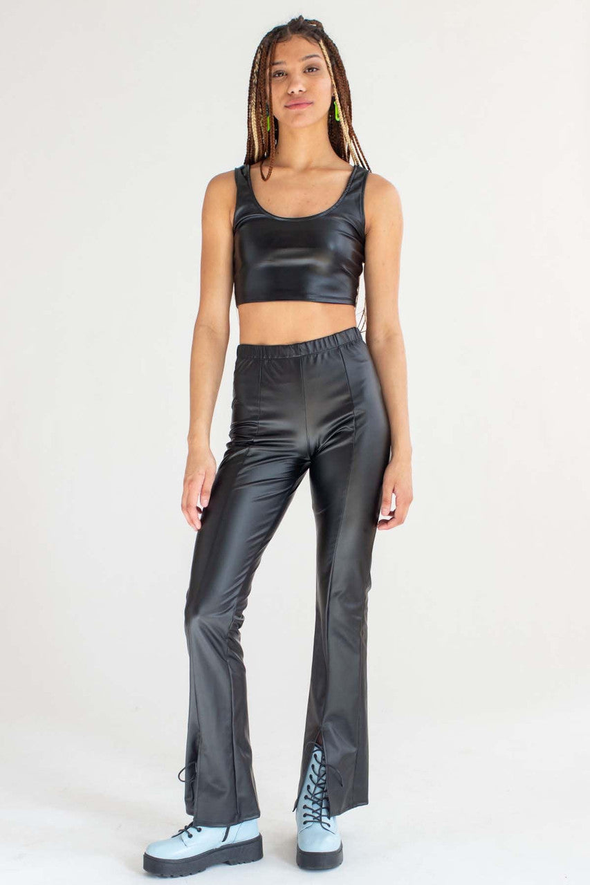 Black Split Front Pleather Bell Bottoms