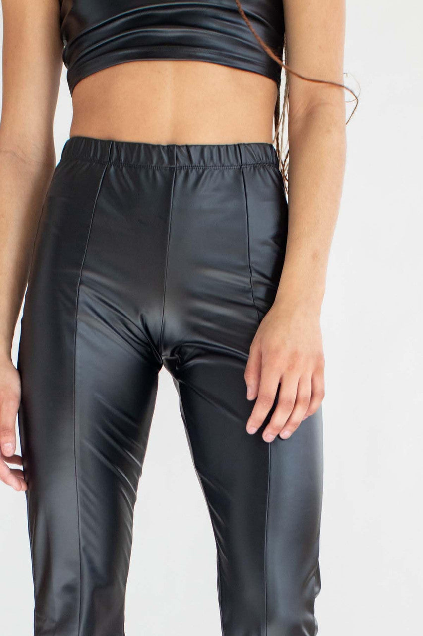 Black Split Front Pleather Bell Bottoms
